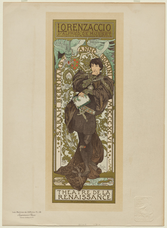 Alphonse Mucha’s Lorenzaccio lithograph, with a tall figure and an ornate green and gold border.